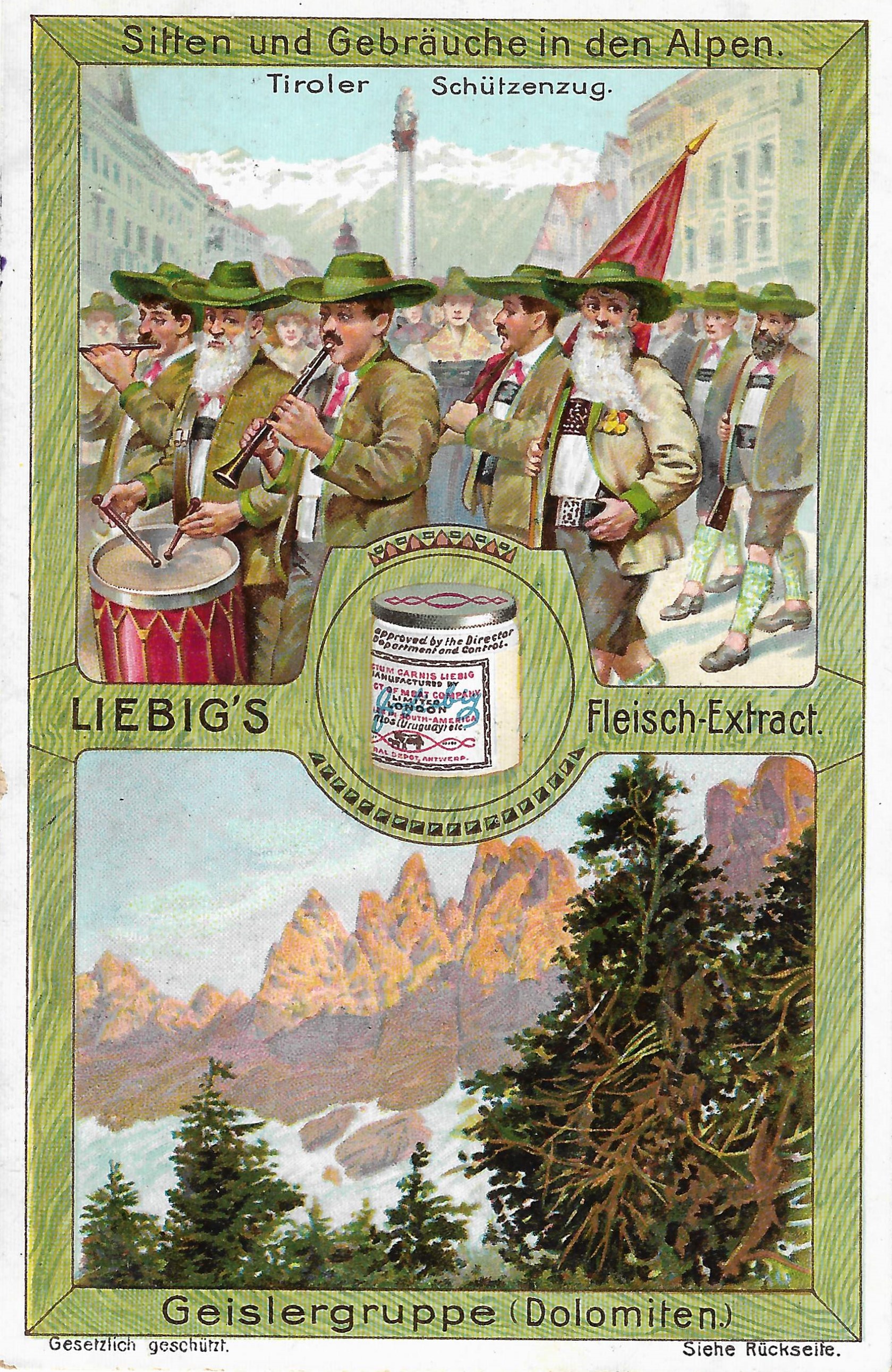 Tradizioni alpine, montagne dell’Alto Adige e un mulino a Velturno come pubblicità per l’estratto di carne
